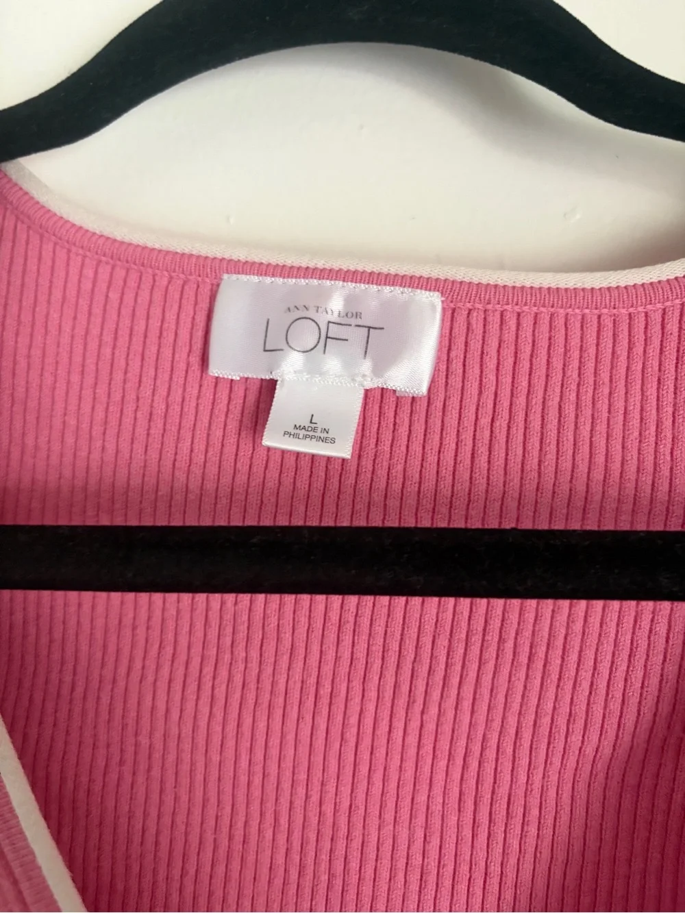 LOFT Pink Ribbed V-Neck Cardigan with white Trim - Picture 10 of 15